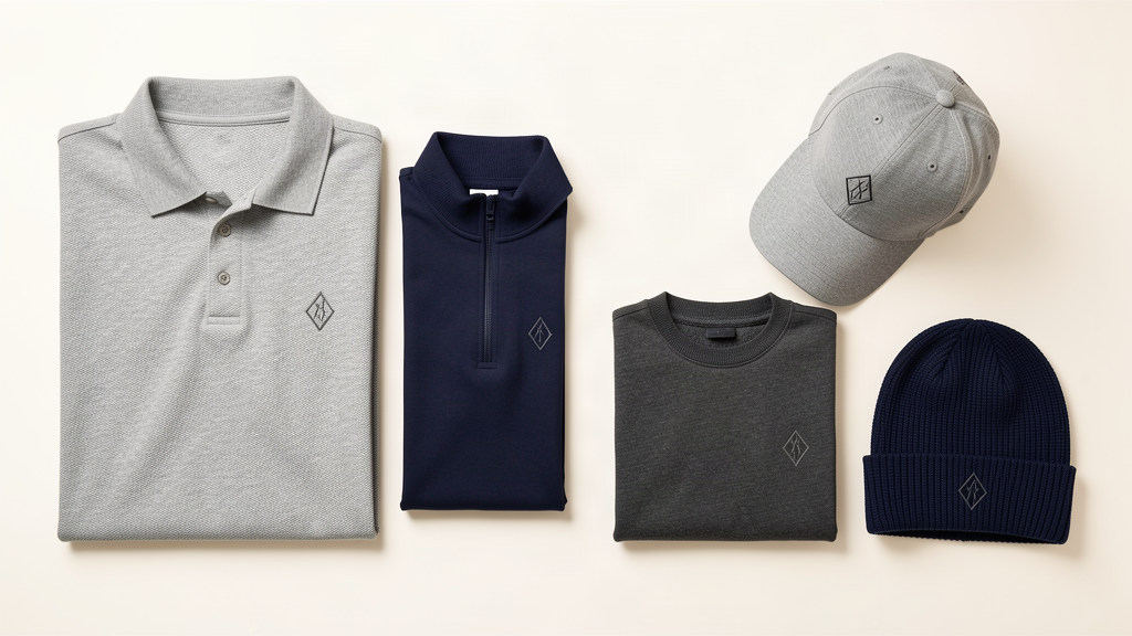 A coordinated premium corporate apparel collection with a consistent small geometric emblem across every piece