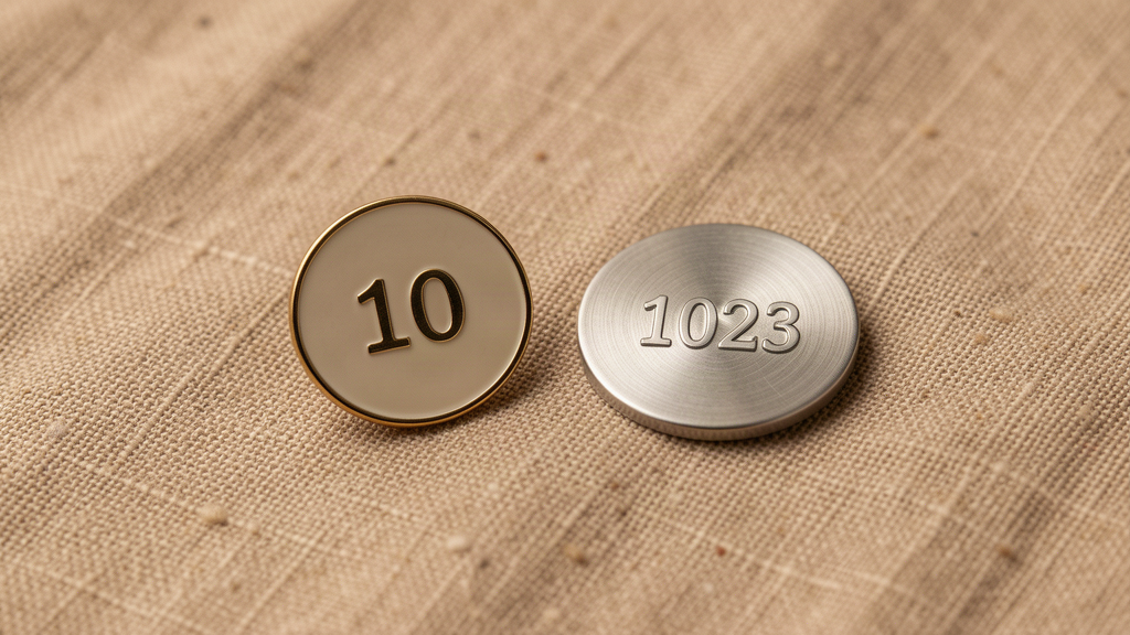Enamel pin and numbered coin on linen