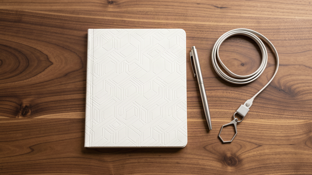 Embossed notebook, pen, and coiled lanyard on a walnut desk