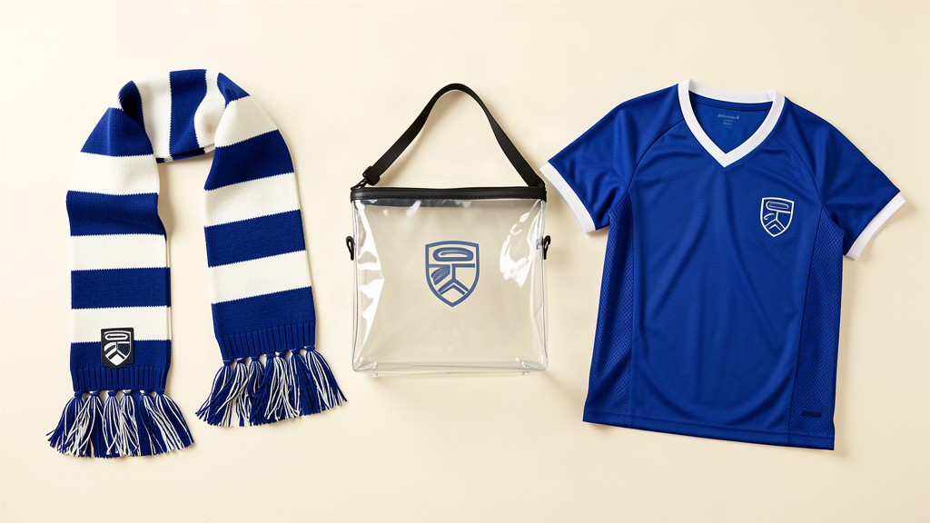 Pin, jersey, and tote on a stadium-bench surface