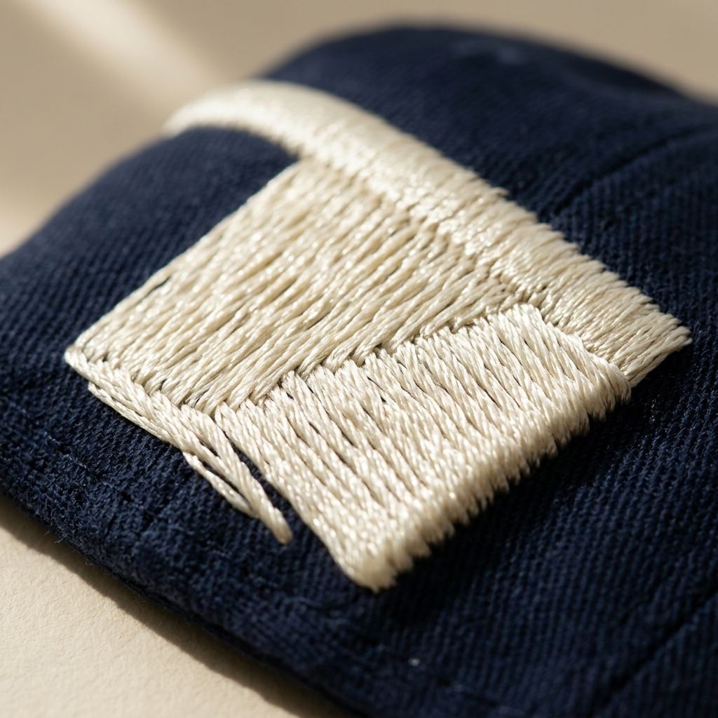Dense satin-stitch embroidery in cream thread on a navy cap panel