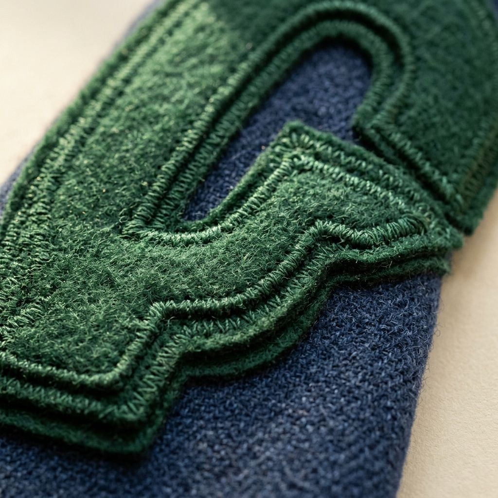 Cut felt twill letterform stitched onto a wool-blend sleeve