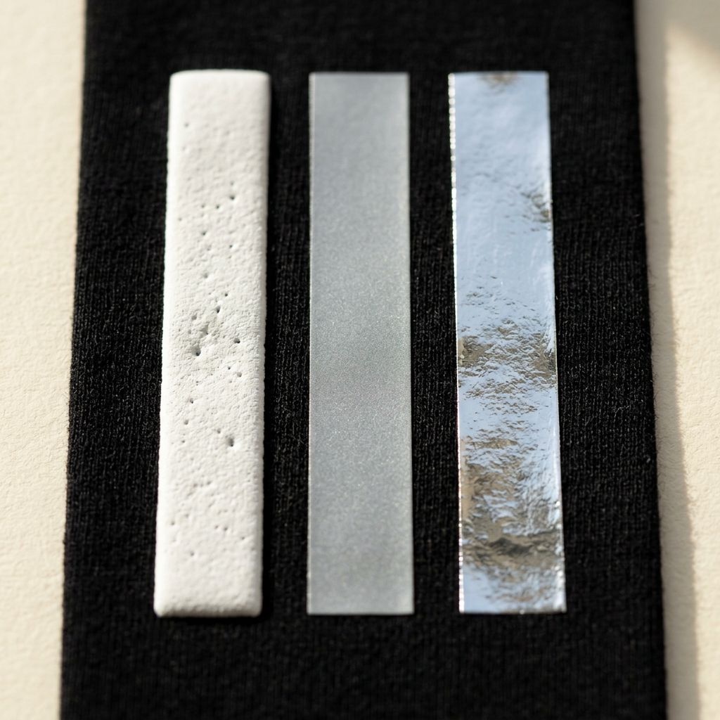 Puff, reflective, and foil finishes side by side on black cotton