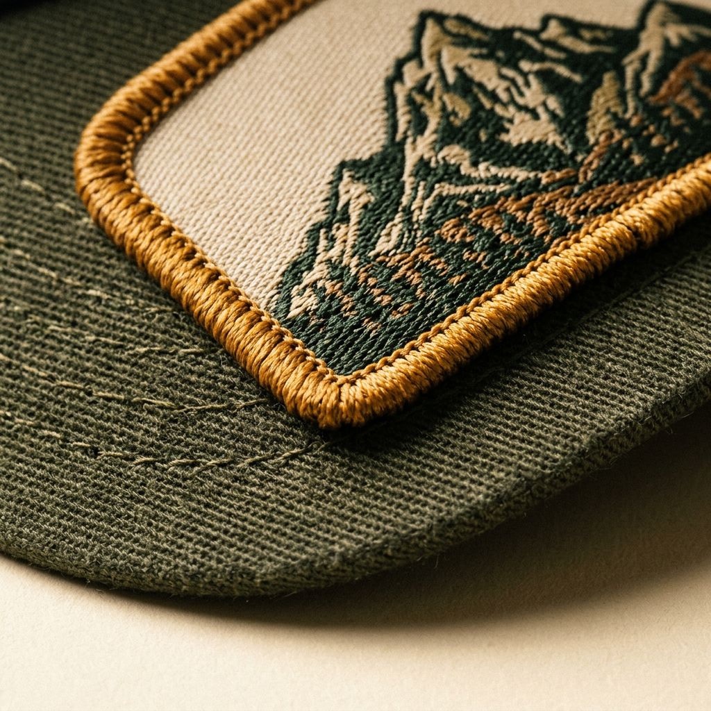 Merrowed edge of a woven patch on a cap panel