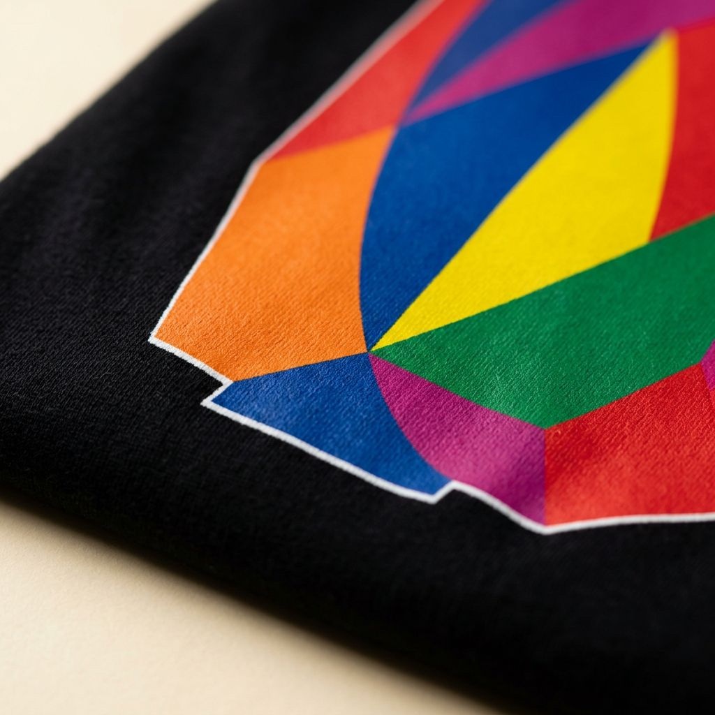 Multi-color DTF transfer on black cotton with a visible white underbase