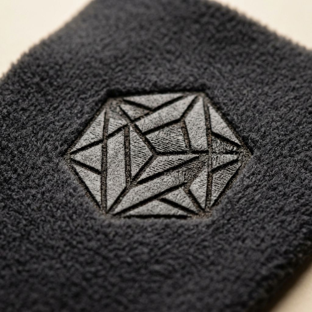 Tonal geometric mark laser-etched into charcoal performance fleece