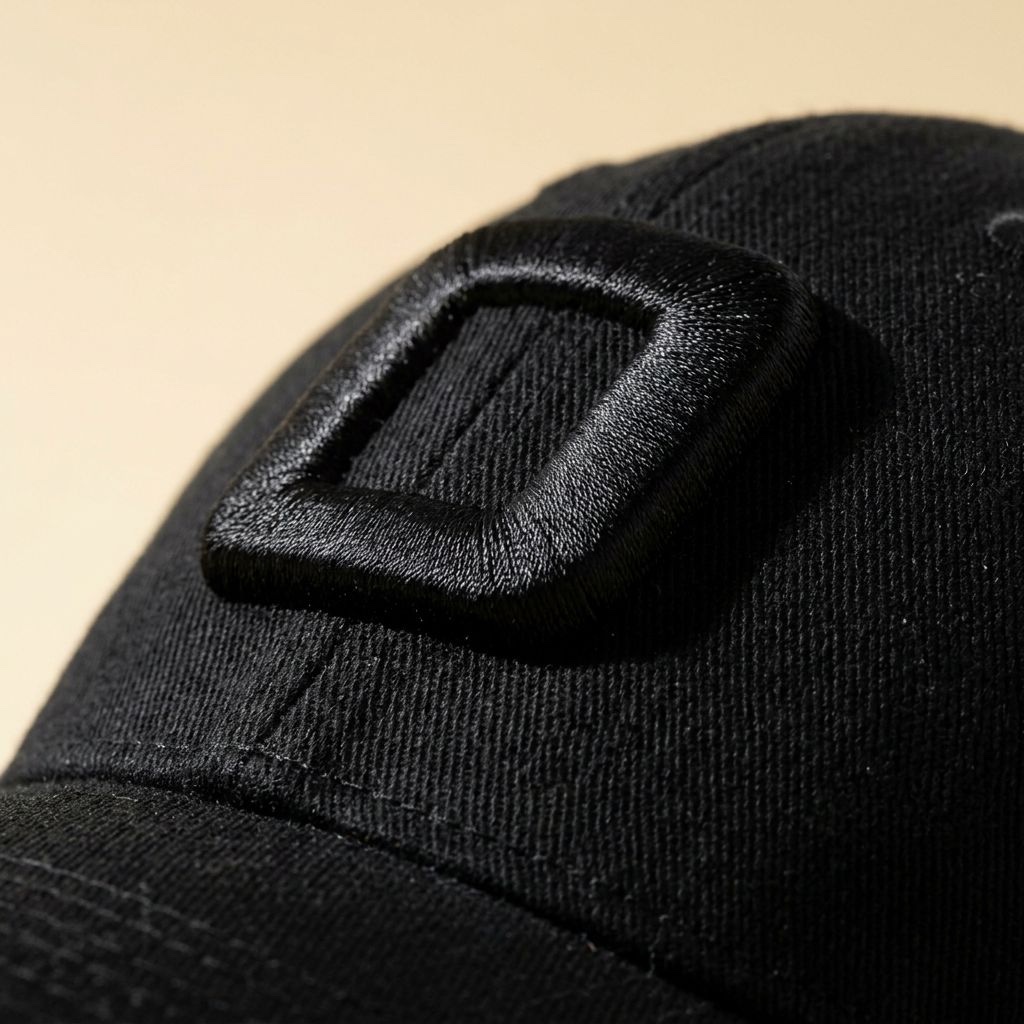 Foam-backed puff embroidery on a black cap front